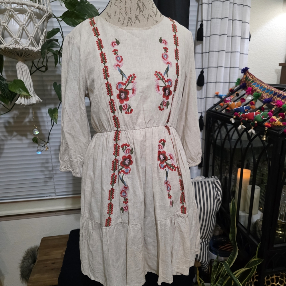 Roolee Cream Dress with Red Floral Embroidery Bohemian Boho Linen Dress
